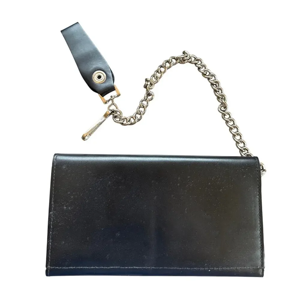 Men's Tri-Fold Leather Chain Wallet Large in Black